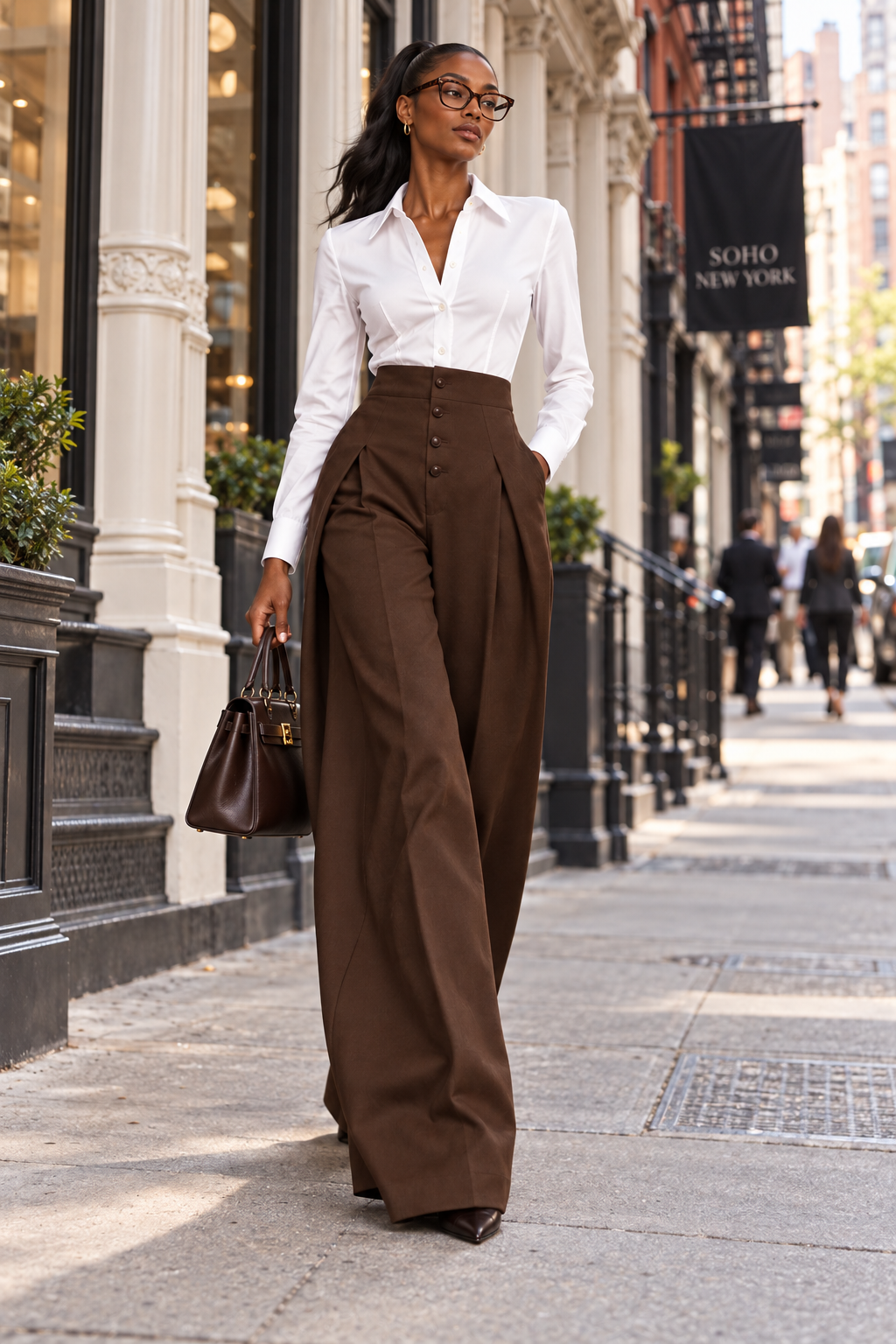 Tall woman in a white shirt and brown pleated wide-leg trousers on a Soho street