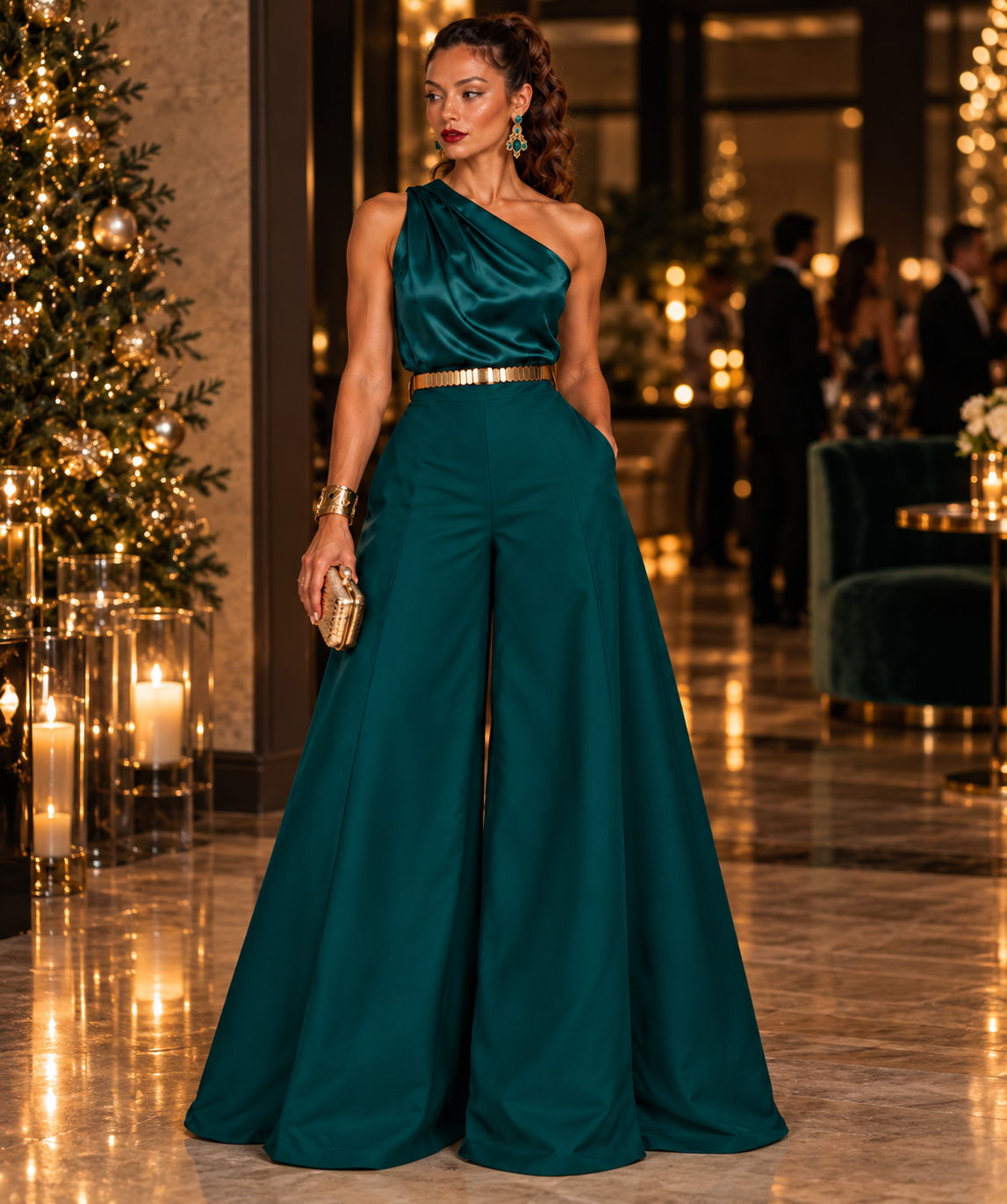 Tall woman in an emerald one-shoulder satin top and teal palazzo trousers at a holiday gala